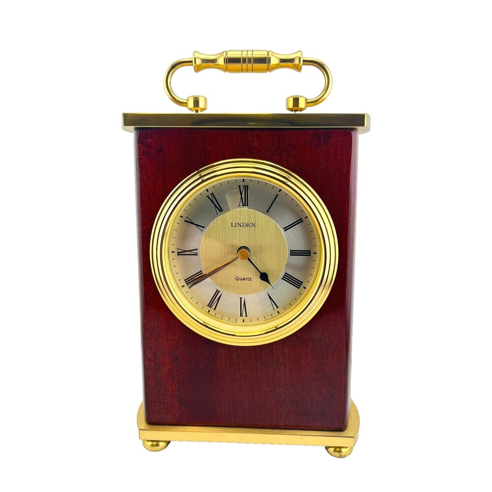 Vtg LINDEN Brass Mahogany Quartz Mantel Desk Clock 8" WORKS EUC Office Decor